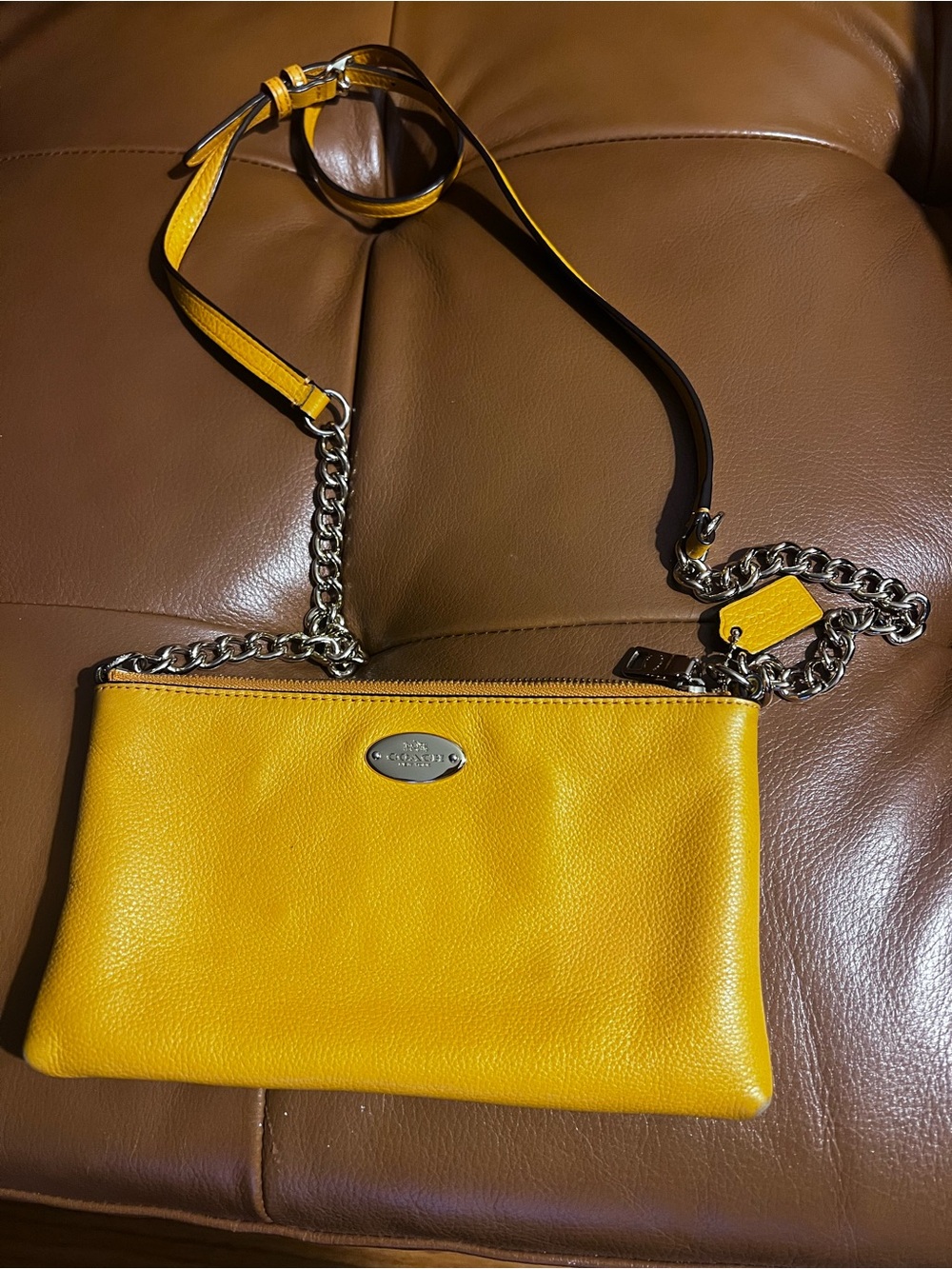 Coach Yellow Pebbled Leather Chain Crossbody Bag